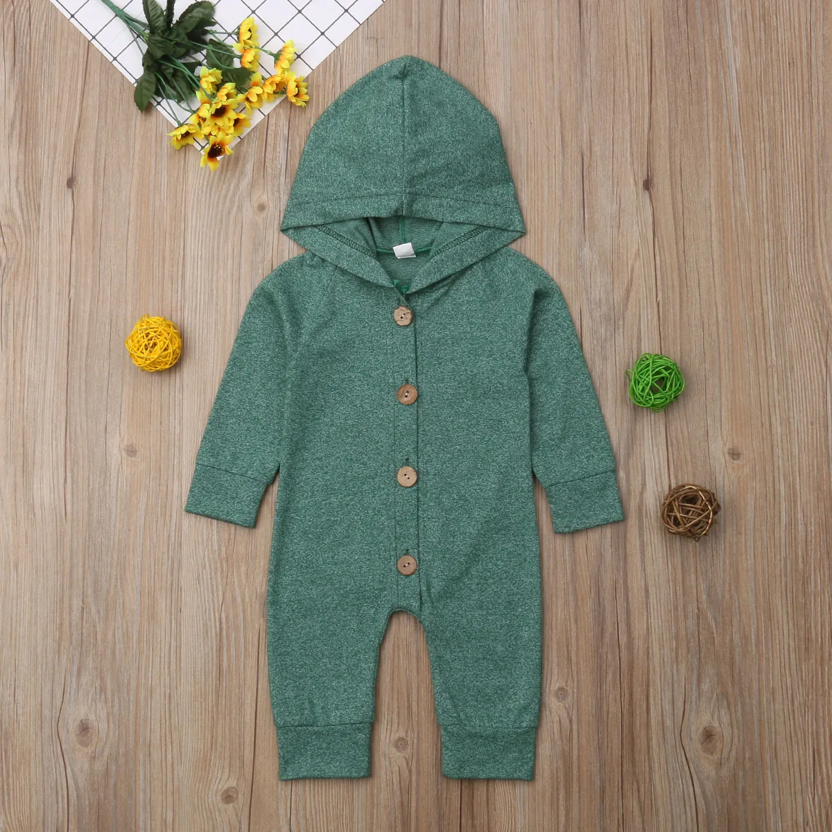 

Casual Baby Girls Boys Romper Single Breasted Long Sleeve Solid Hooded Jumpsuits