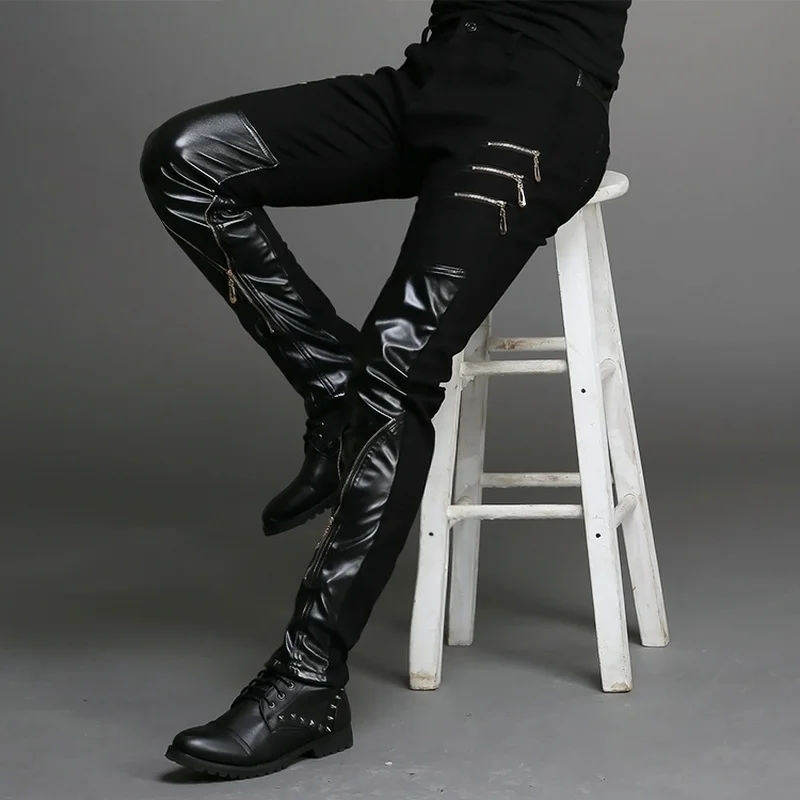 New Men Leather Pants Zipper Stitching Feet Tight Men's Leather Pants