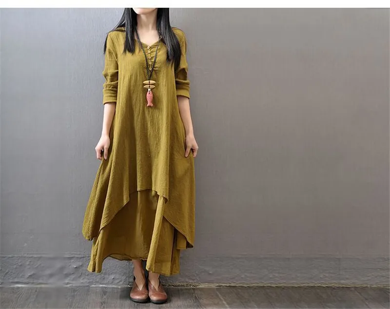AIDAYOU Big Size Maxi Dresses Women False Two-piece Long Sleeve Cotton Linen Dress Casual Boho Plus Size Dress 4XL 5XL ouc3340