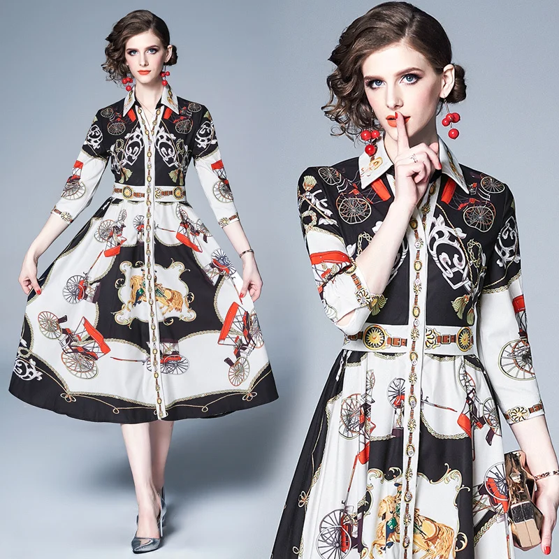

2019 Spring Summer Fall Runway Floral Print Collar Sashes 3/4 Sleeve Empire Waist Women Ladies' Casual A-Line Midi Robe Dresses