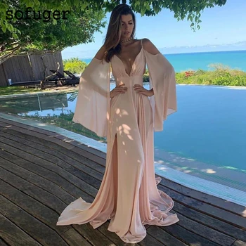 

Pink Chiffon Summer V Neck 2019 Sofuge Arabic Muslim Evening Dress Robe De Soiree Dubai Plus Size Elegant Party Dress