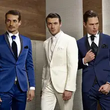 Новое поступление Костюмы для жениха смокинги сине-белые Темно-синие Нарядные Костюмы для свадьбы для Мужская шаль лацкан одна кнопка дружки костюмы мужские костюмы