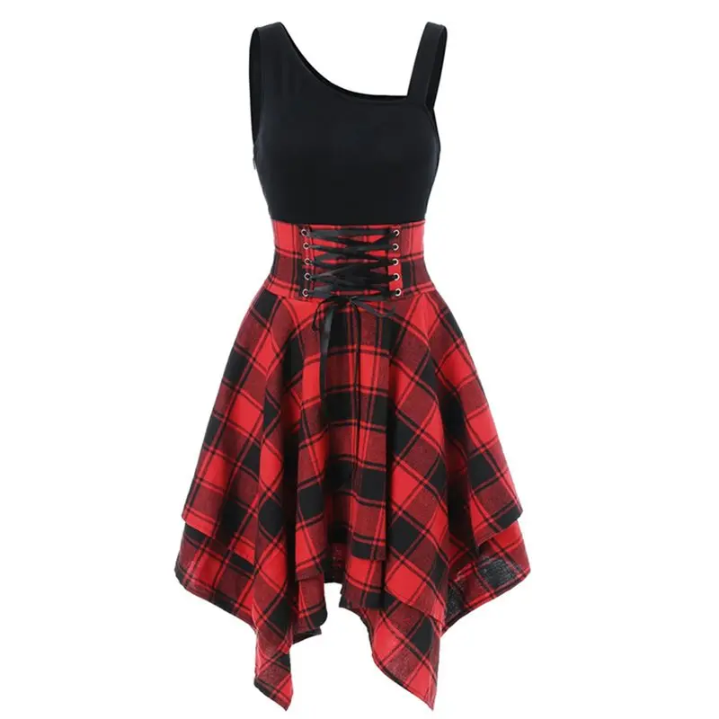 

Summer Sexy Club Red Elegant Gothic Big Size Women Midi Dresses Green Aline Plaid Aline Lace Up Blue Female Goth Fashion Dress