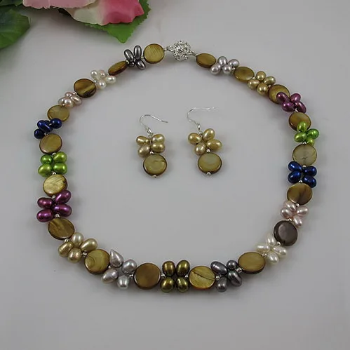

Unique Pearls jewellery Store,Multicolor Natural Pearls Brown Shell Necklace 925 Silver Dangle Earrings Jewelry Set Rhinestone