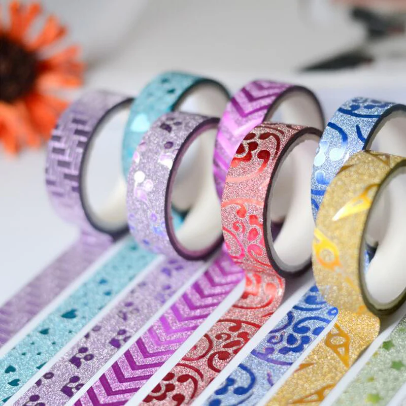 

6/10pcs Creative Paper Tape Decor Glitter Shiny Flower Artistic Hoops Gold Powder Flash Stickers Stationery Educational Toys
