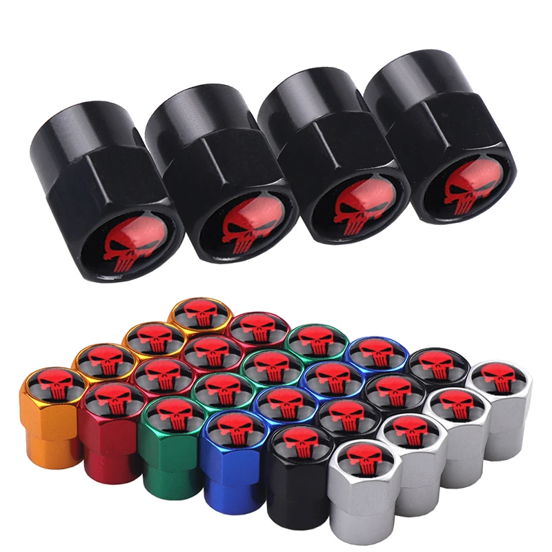 

THE Punisher Skull Logo Valve Caps Car Wheel Tires Accessories Stems Covers Auto Styling For Lada Ford Toyota Renault 4PCS