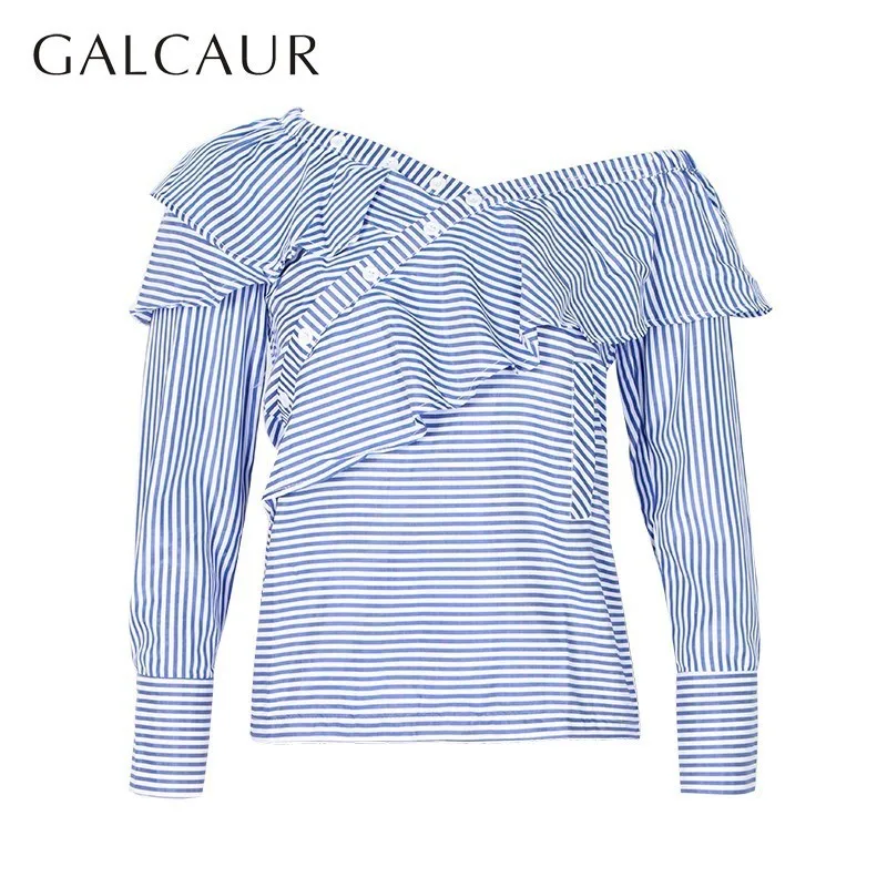 

GALCAUR Summer Striped One Shoulder Women Blouse Long Sleeve Irregular Ruffles Slim Shirt Female Fashion Clothes 2019 New