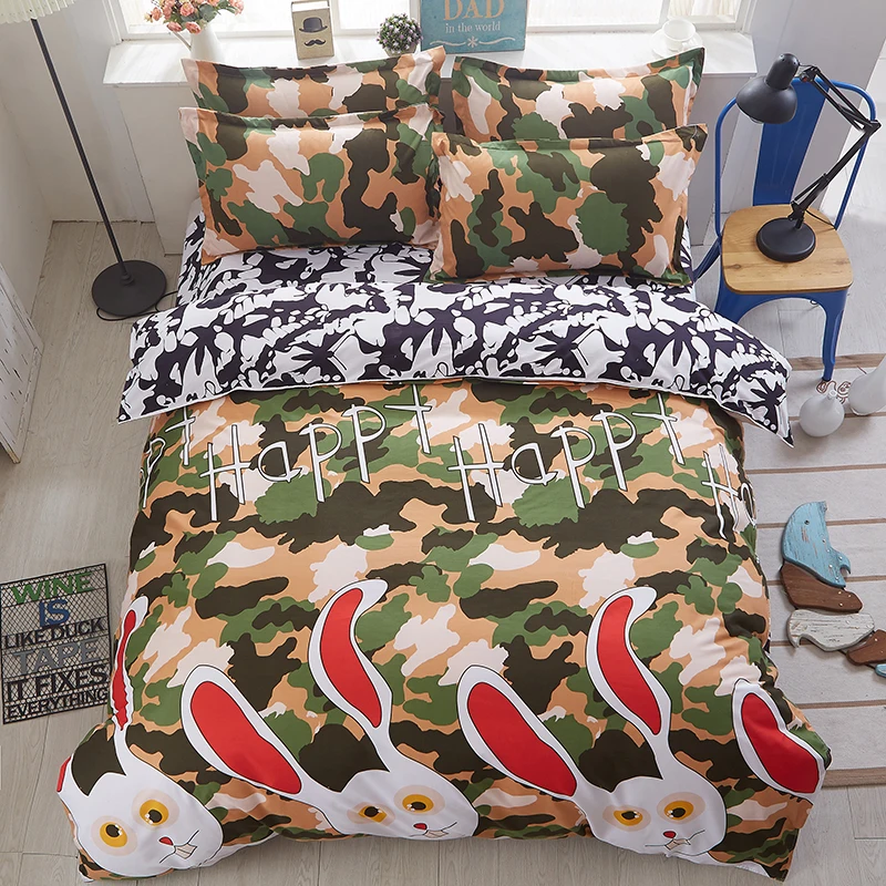

Cartoon Colored White Bunny Pattern Bedclothes Simple Fashion Geometric Stripes Bed Sheet Duvet Cover Sets 4Pcs Bedding Set Soft