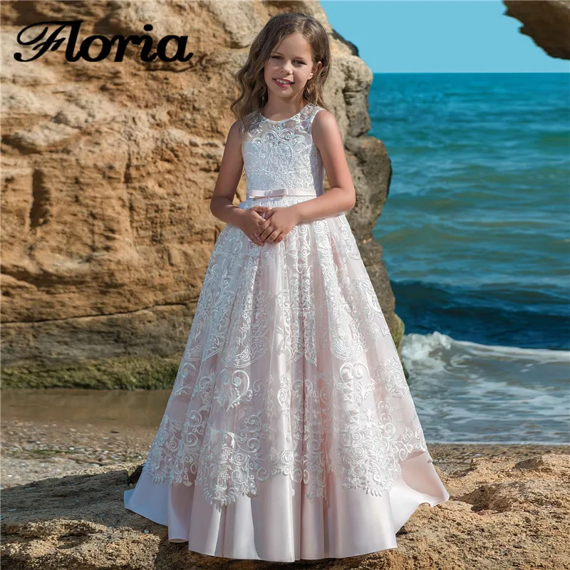 Розовые Платья с цветочным узором для девочек на свадьбу 2018 Vestidos daminha кружевные