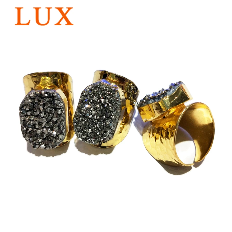

Gold color Plated Natural Agates Druzy Ring Freeform Sparkles Drusy Gem stone Open Band Rings Cuffs Boho Geode Jewelry