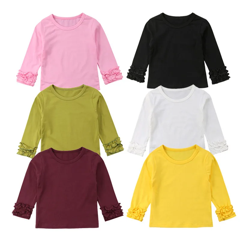 Toddler Baby Girls Ruffle Long Sleeved T-Shirt Blouse Solid Cotton Basic Tees Top