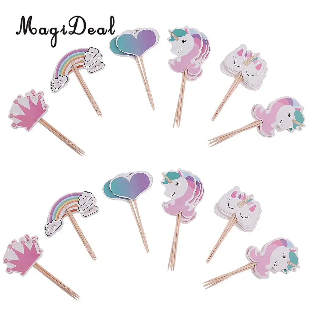 MagiDeal 2 Set Rainbow Unicorn Cake Topper Love Shape Crown Food Picks Party Decor