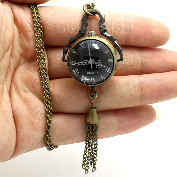 Ретро Винтаж рыбий глаз черный циферблат стеклянный шар длинная цепь ожерелье кулон карманные часы P12
