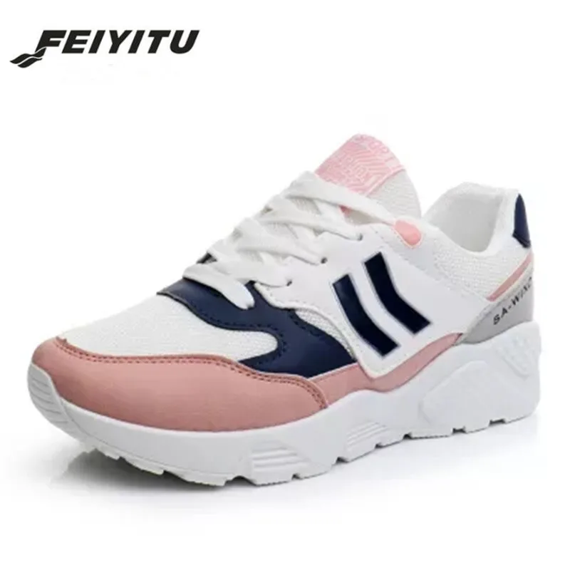 

FeiYiTu 2018 White Pink Air Mesh Student Breathable Lace Up Outdoor Women Shoes Lightweight Woman Flats Sneakers Shoes