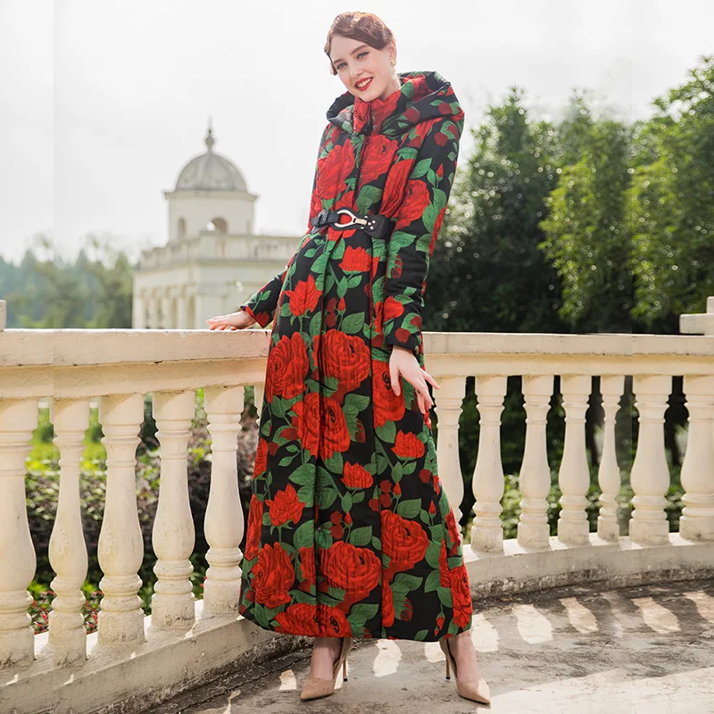 

Jacket Women Parkas Space Cotton Long Coat Maxi 3D Print Flowers Winter Stand Collar X-Long Overcoat Plus Size 9006
