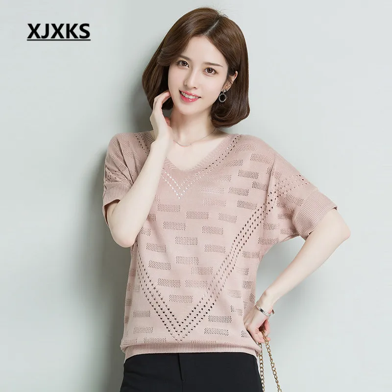 

XJXKS 2019 summer new women's T-shirt fashion bat sleeve loose plus size comfortable hollow high quality T-shirt women's top