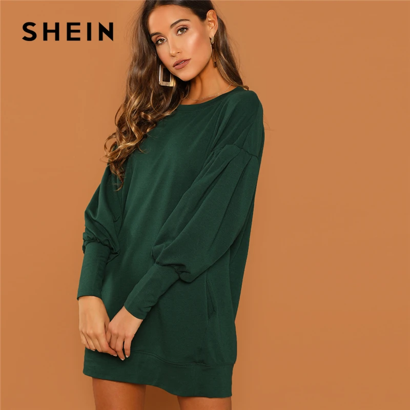 

SHEIN Preppy Casual Drop Shoulder Solid Sweatshirt Round Neck Bishop Sleeve Longline Dress 2018 Autumn Fashion Women Dresses