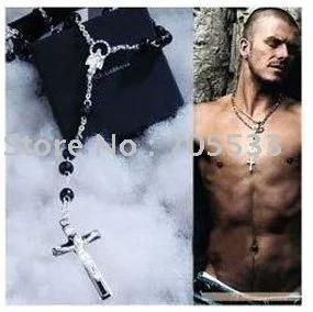 Fashion New Sterling 925 Solid Silver Black Bead Cross Chain Fashion New Sterling 925 Solid Silver Black Bead Cross Chain