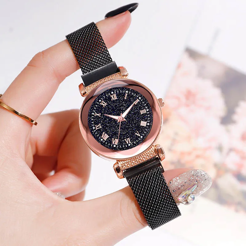 

Women Quartz Watch Luminous Starry Sky Dial with Magnetic Buckle Alloy Mesh Band TT@88