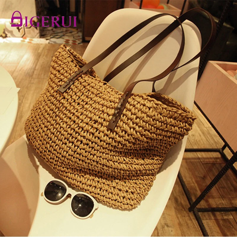 

DIGERUI Women Handbag Summer Beach Rattan Woven Handmade Knitted Straw Large Capacity Totes Leather Women Shoulder Bag Bohemia