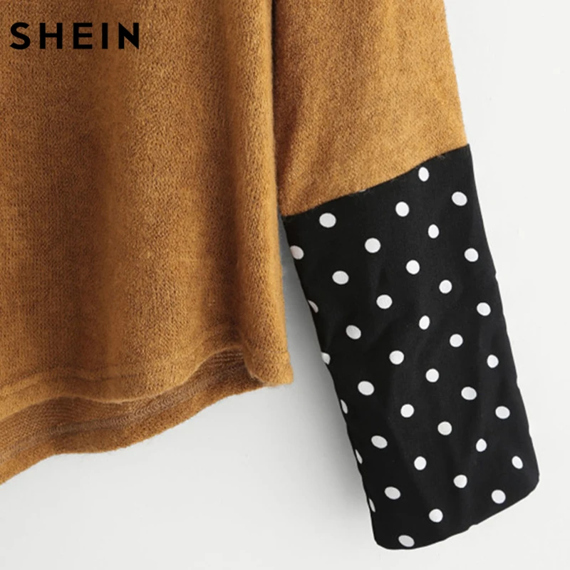 SHEIN Contrast Polka Dot Collar and Cuff Tee Brown Womens Long Sleeve Tops Autumn Lapel Color Block Casual T-shirt