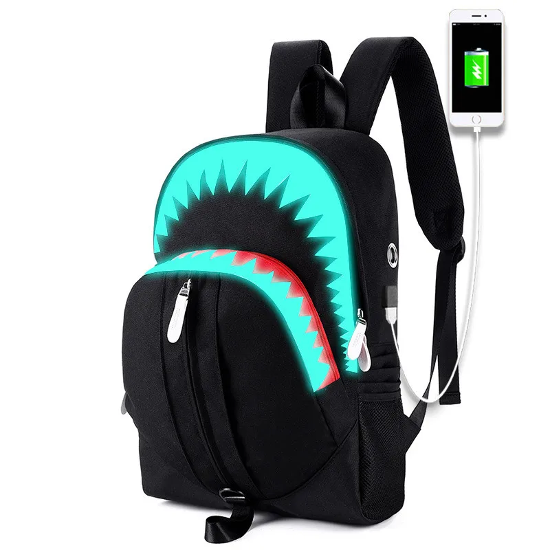 

2018 Fashion School Backpacks for Teenage Boys Cute Shark Night Reflection USB Charging Waterproof Backpack Female