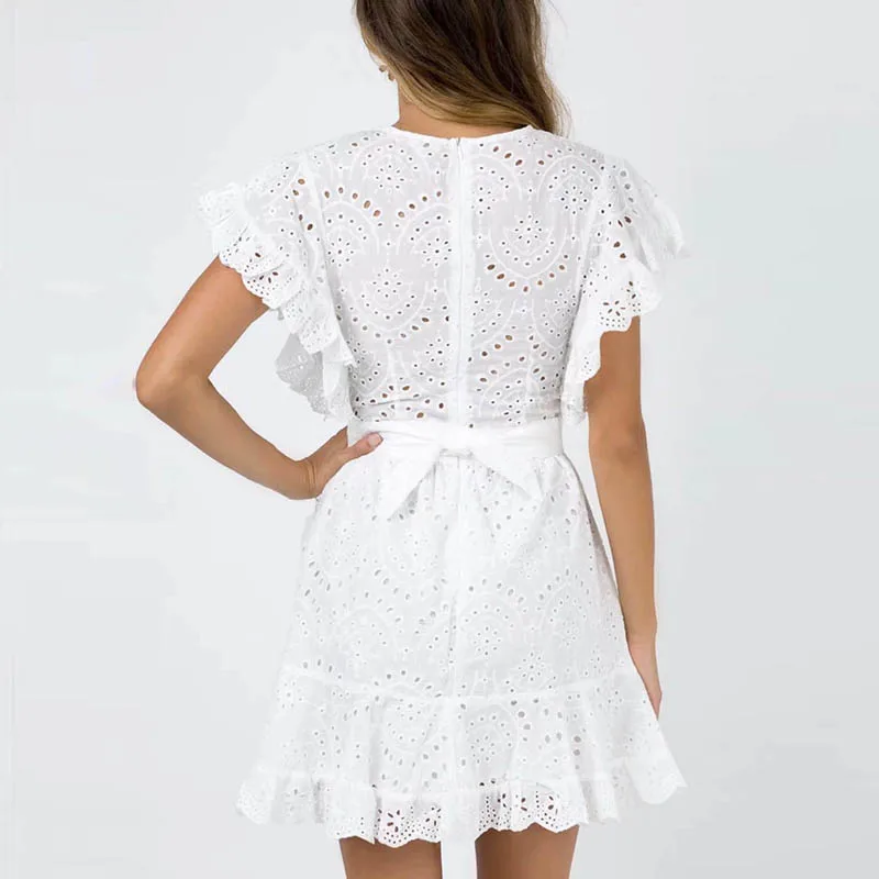 Новинка, весенне-летнее женское платье, полностью Кружевное белое платье, темпераментное, в горошек, открытое, гофрированное, кружевное платье, женское, DR901