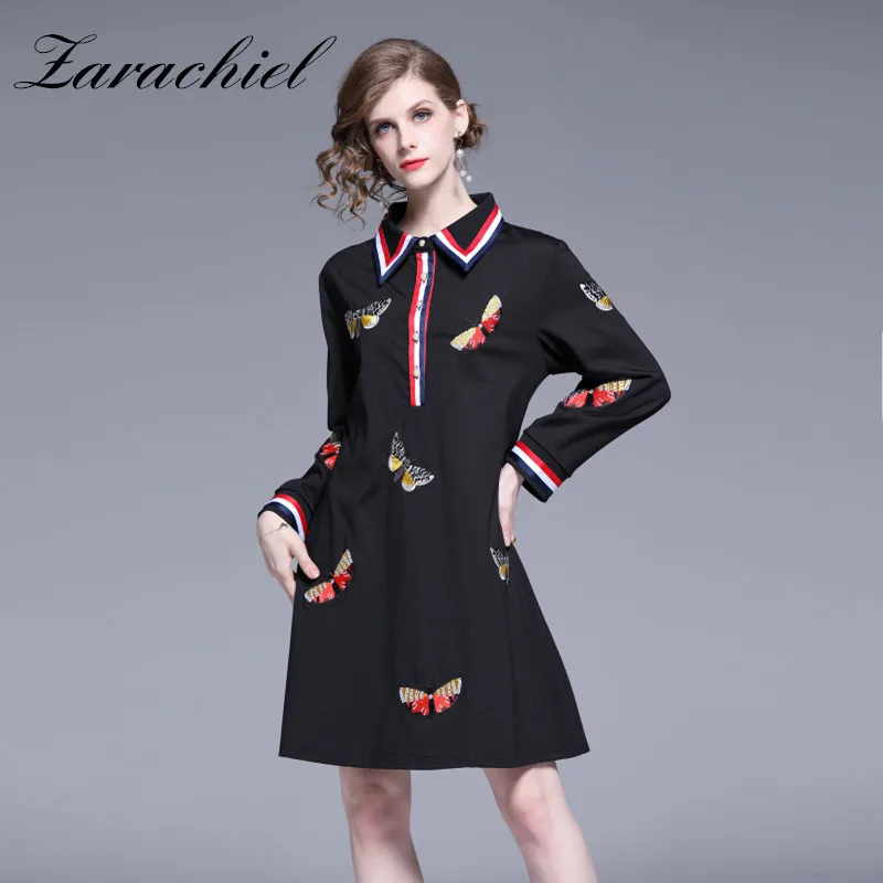 

2019 Autumn Embroidery Butterfly Vintage Dress Women Wrist Sleeve Lapel Striped Patchwork Retro A-Line Short Dress Black Vestido