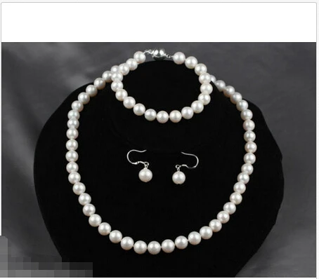 

6URKD Free shipping New style Natural noble >>>>A Grade 8-9mm Natural White Freshwater Pearl Necklace Bracelet & Earrings Set