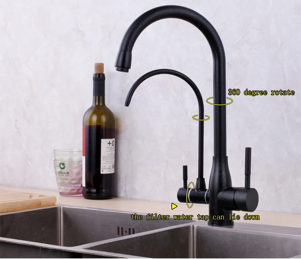 Черный кухонный кран черный может лежать вниз фильтр Водопроводной воды двойные ручки