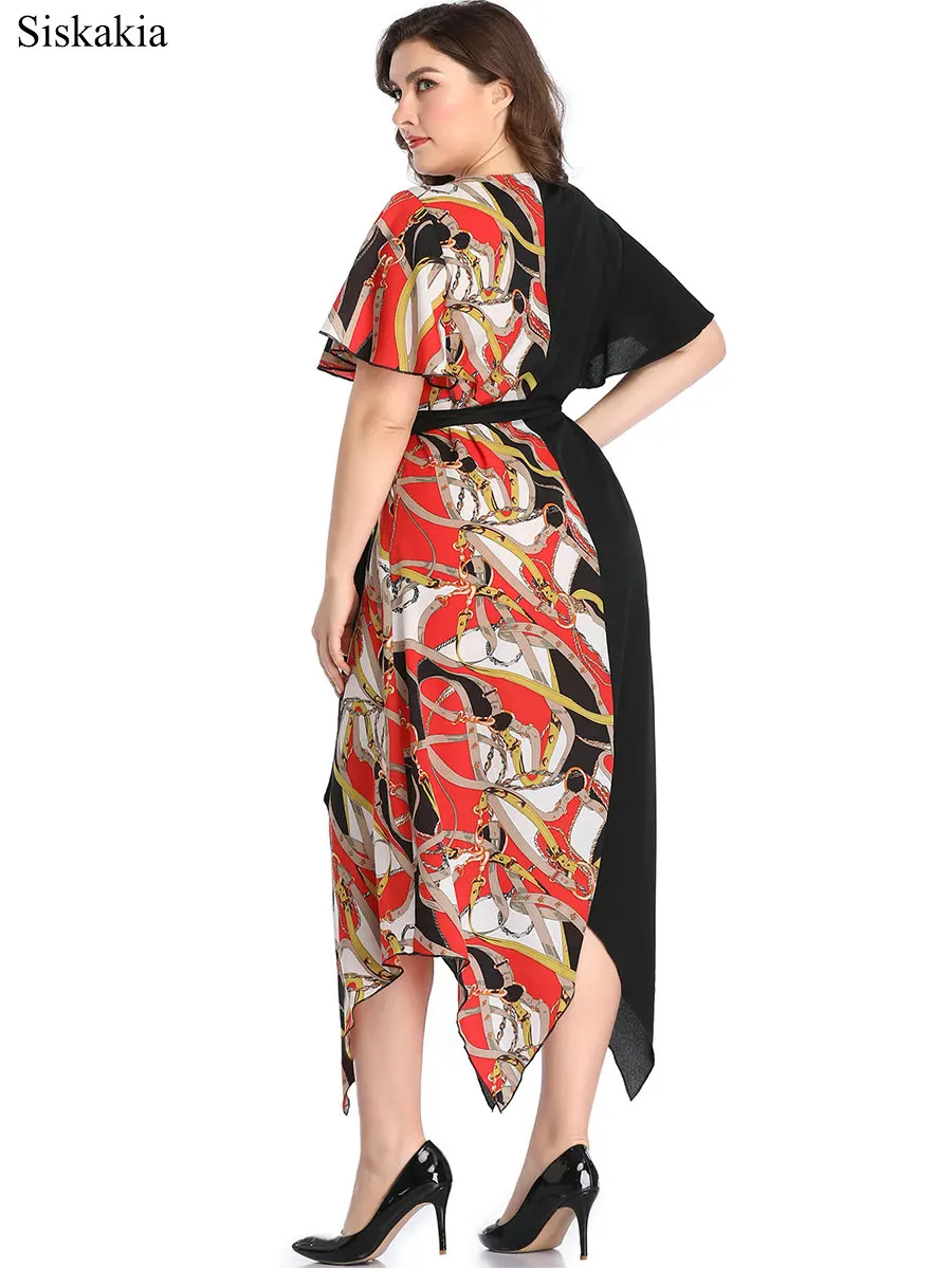 Siskakia 2019 New Contrast Color Patchwork Asymmetrical Dress Ladies Fashion Plus Size Sashes Women Dresses O Neck Short Sleeve (5)