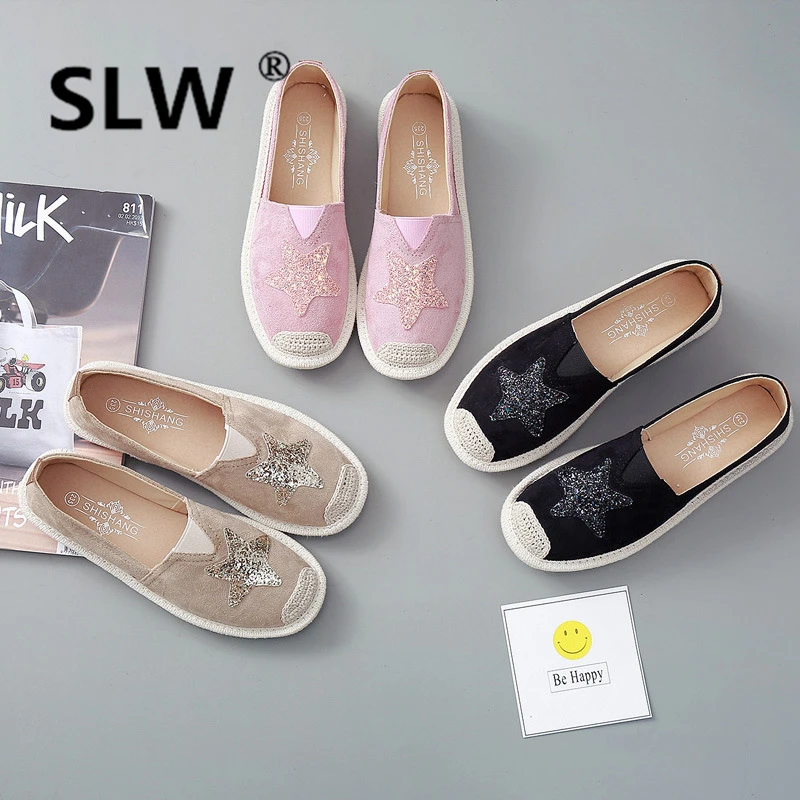 

Casual autumn Basic Bling loafers women canvas Loafers Rubber Slip-On flat Lace-Up Round Toe Canvas Fabric Sequined Cloth new
