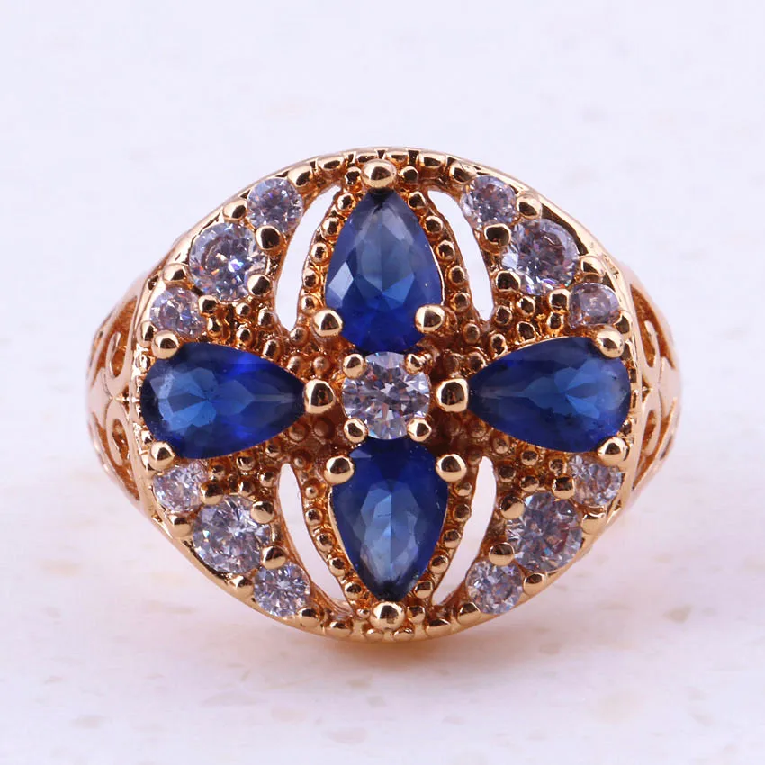 Noble Blue Crystal &amp Cubic Zirconia Yellow Gold Color For Women Engagement Rings Cheap Party Fashion Jewelry I0157 | Украшения и