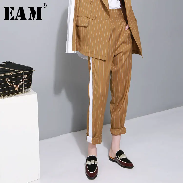 

[EAM] 2019 New Spring High Elastic Waist Zipper Side Line Striped Split Joint Loose Long Wide Leg Pants Women Fashion Tide T4