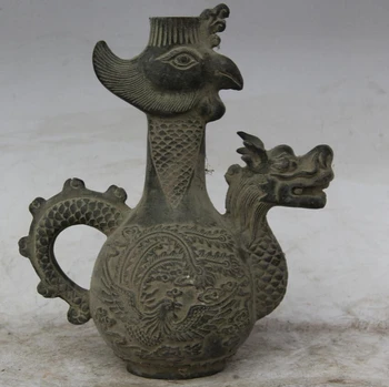 

Collectible bronze S1592 8" Old Chinese Dynasty Bronze Phoenix Bird Dragon Handle Wine Tea Pot Flagon