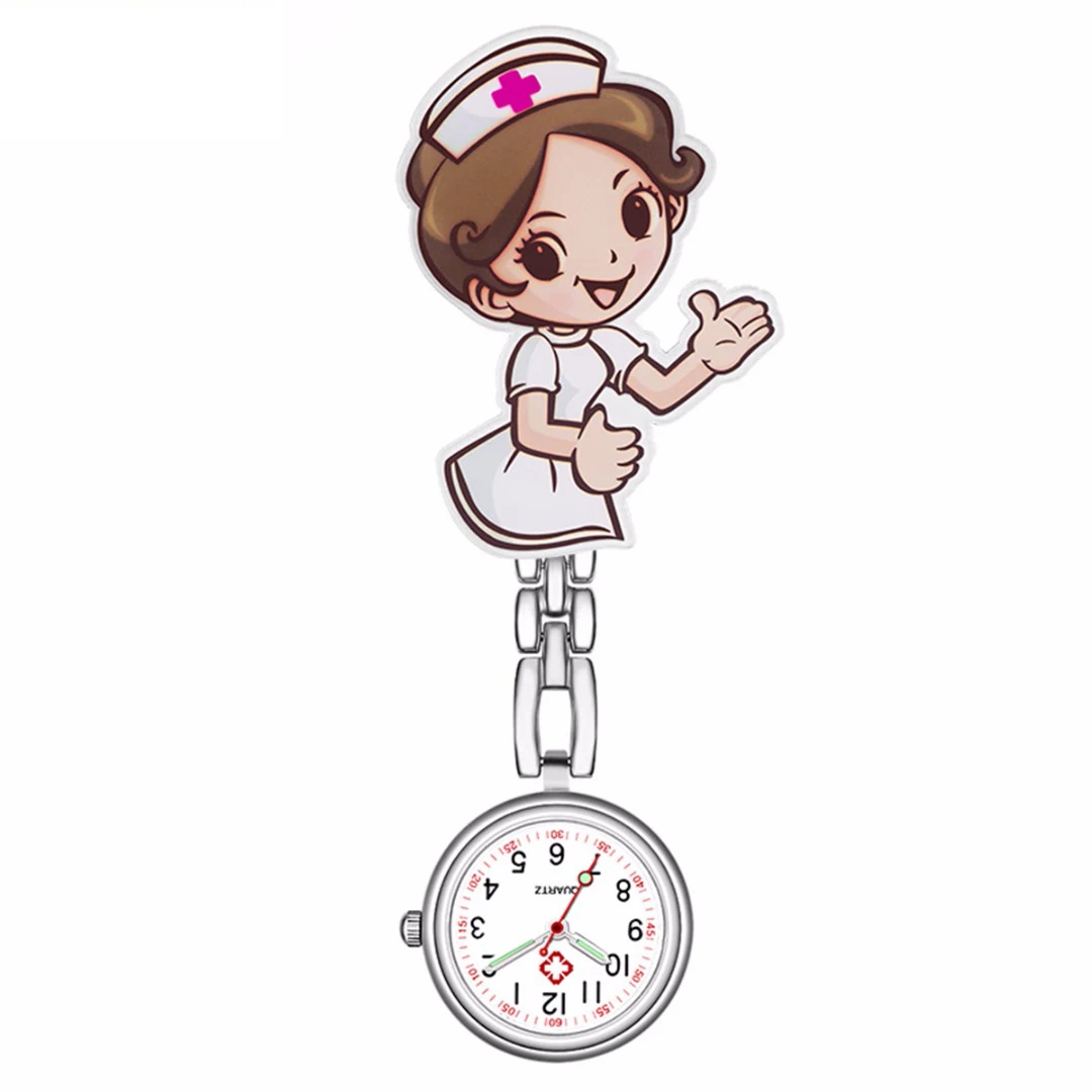Shellhard 1pc Cute Cartoon Nurse Watch 6 Styles Beautiful Girl Pattern Luminous Pin Quartz Pocket Brooch Fob Nurse Watch