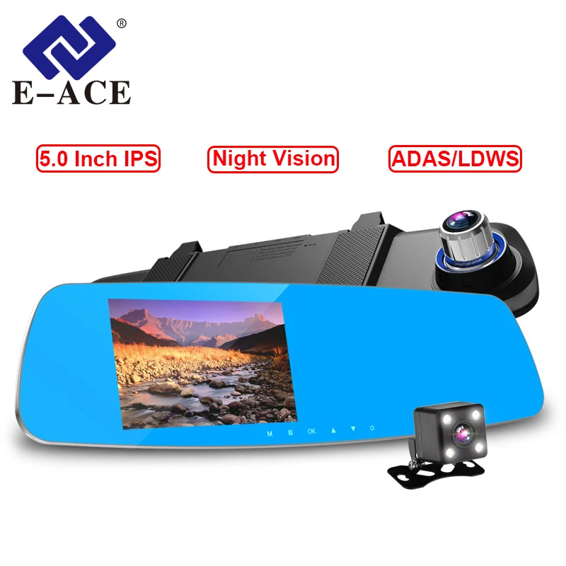 

E-ACE Car Dvr FHD 1080P Video Recorder 5.0 Inch rearview mirror with DVR detector Night Vision Registrar car dvr with two camera