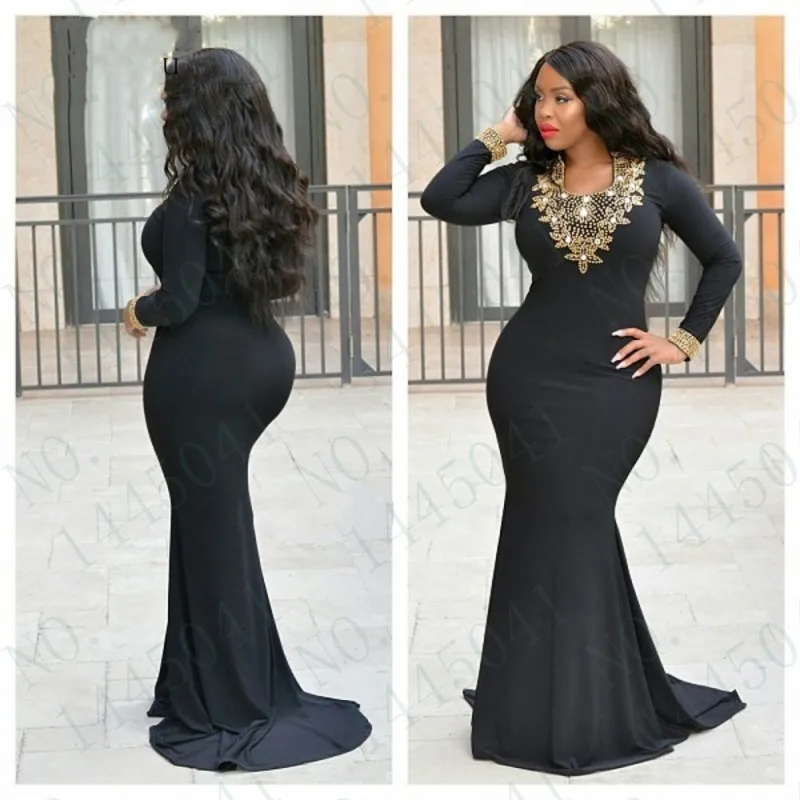 Long Sleeves Black Mermaid Evening Dress Gold Beaded ...
