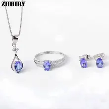 Women Natural Blue Tanzanite Gem stone Jewelry Sets Genuine 925 Sterling Silver Fine Ring Earrings Pendant Necklace ZHHIRY