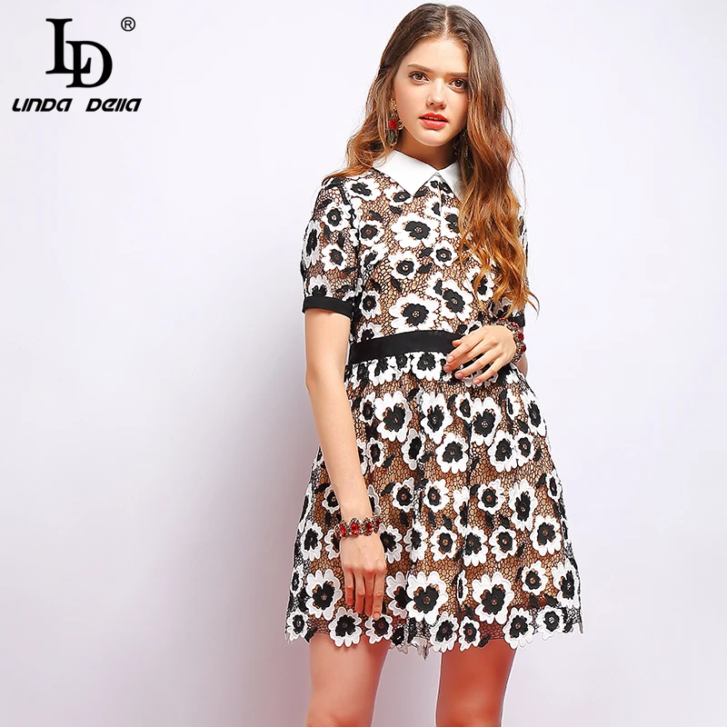

LD LINDA DELLA Spring Fashion Runway Vintage Dress Women's Short Sleeve Lace Hollow out Floral Embroidered Short Dress vestidos