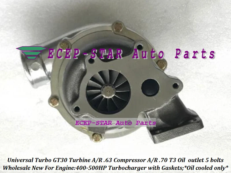 Universal Turbo Turbocharger GT30 Turbine AR .63 Compressor AR .70 T3 Oil cooled outlet 5 bolts 400HP-500HP Gaskets (4)