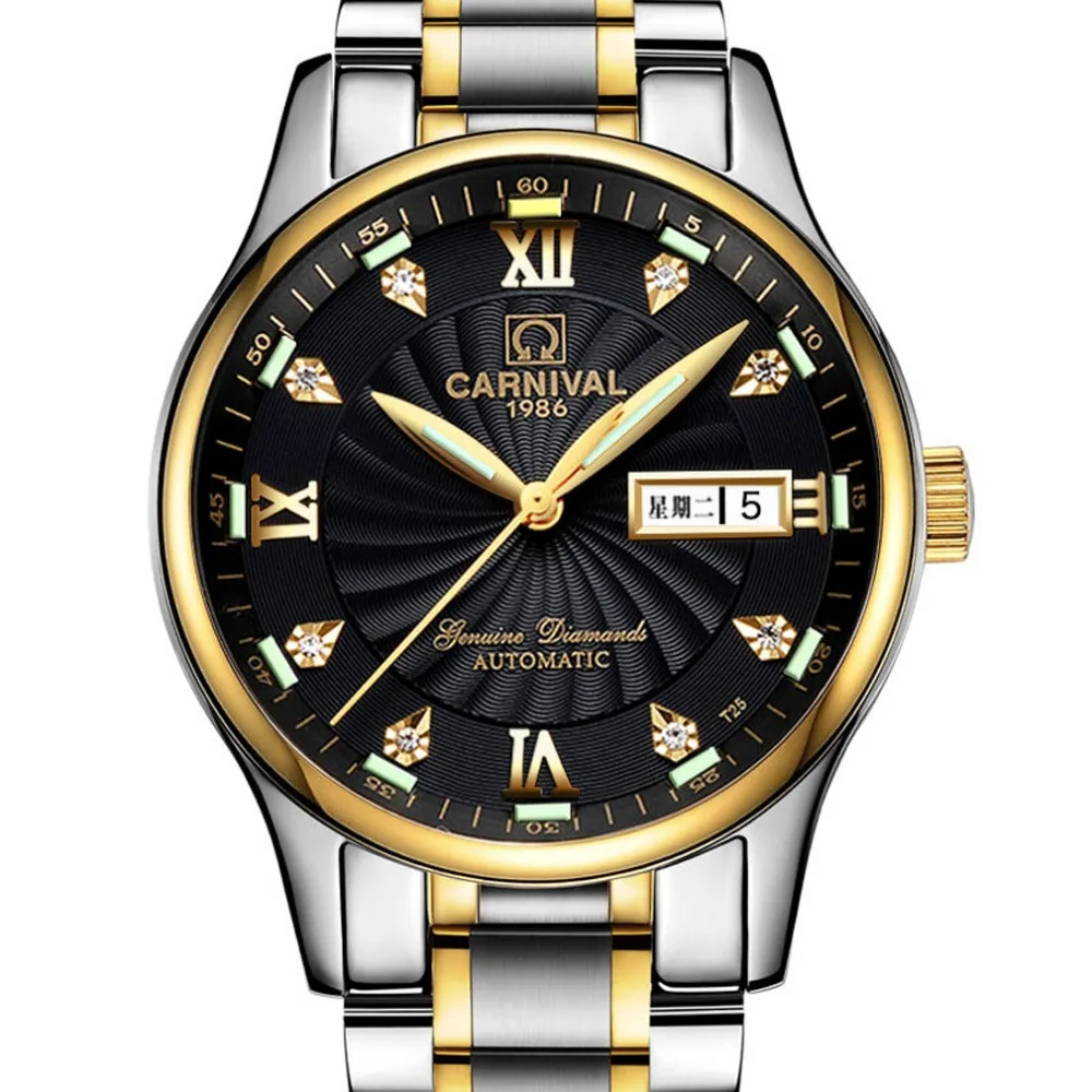 Carnival Mens Tritium Luminous Waterproof Steel Watchband Automatic Mechanical font b Watch b font Wristwatch gold