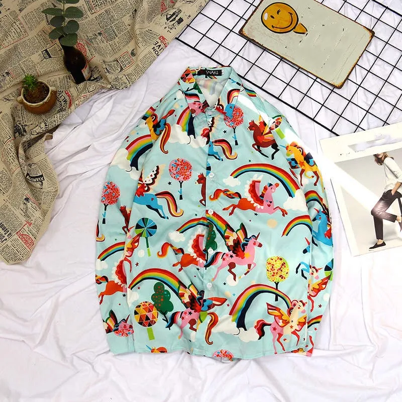 Neploe, винтажная блузка с принтом, новинка, длинный рукав, рубашка с отложным воротником, блузы, корейская мода, рубашки для мужчин и женщин, топы 38125 - Цвет: photo 2