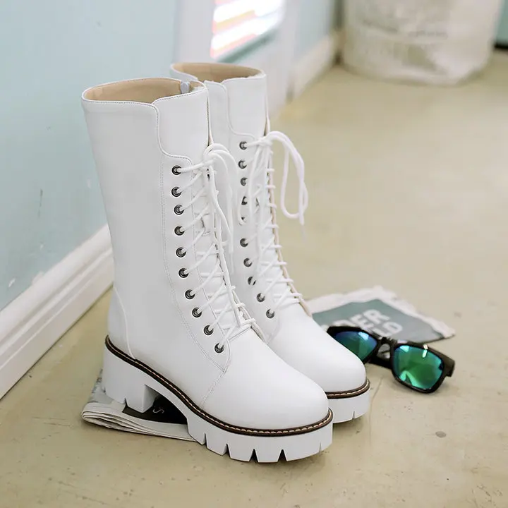 Для женщин зимние армейские ботинки на шнуровке Модная обувь на платформе на молнии ботинки до середины икры толстый каблук из Pu искусственной кожи женские ботинки обувь плюс Размеры