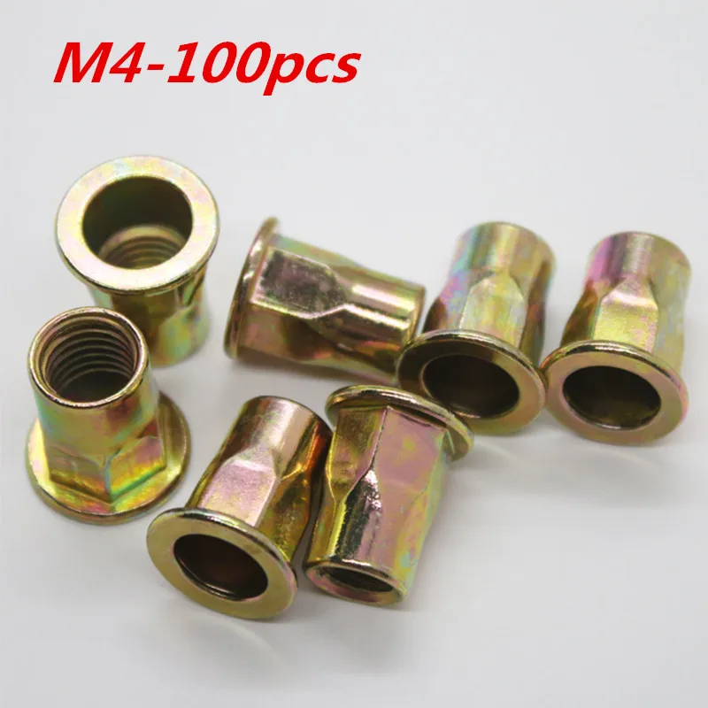 100pcs/lot M4 Rivet Nut carbon steel Flat head hex rivet nut Insert nut