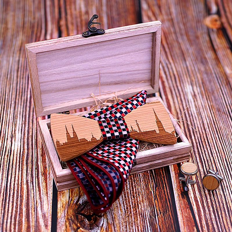 Mahoosive Франция Бордо Skyline деревянный галстук-бабочка галстуки бабочкой галстук-бабочка Skyline галстуки для мужчин Запонки носовой платок набор вина