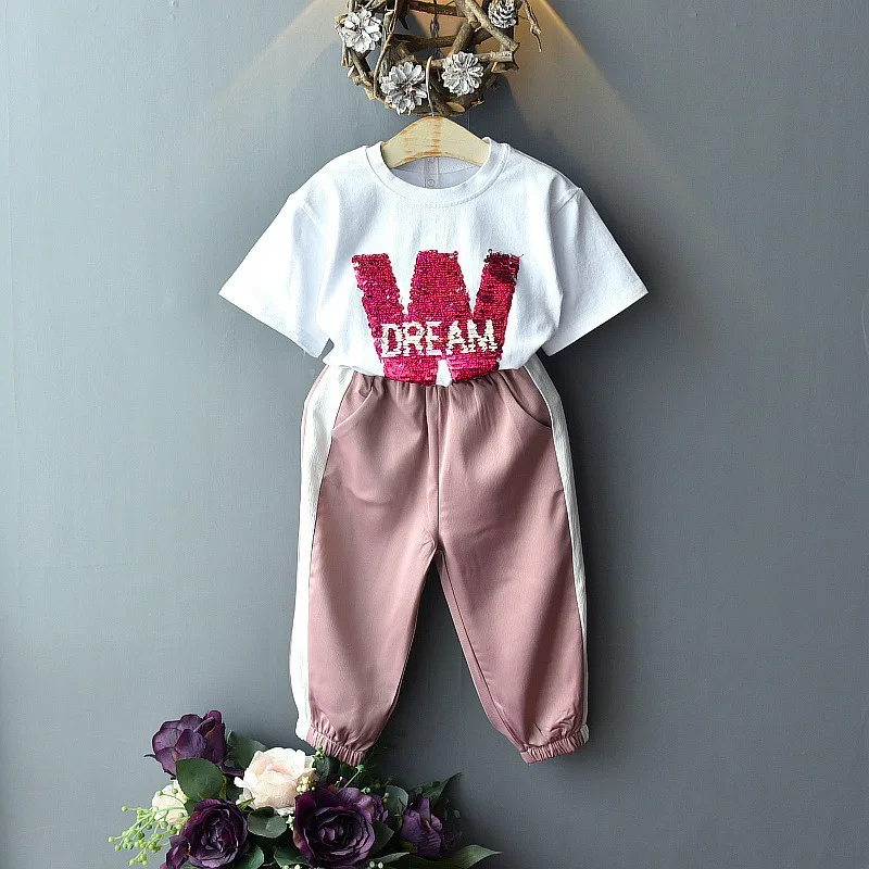 

Summer 2-7 year For Girls Baby clothes cute Letter Sequin short sleev T-Shirt Tops+kid pant 2 Pcs Princess Clothes Suit C2718