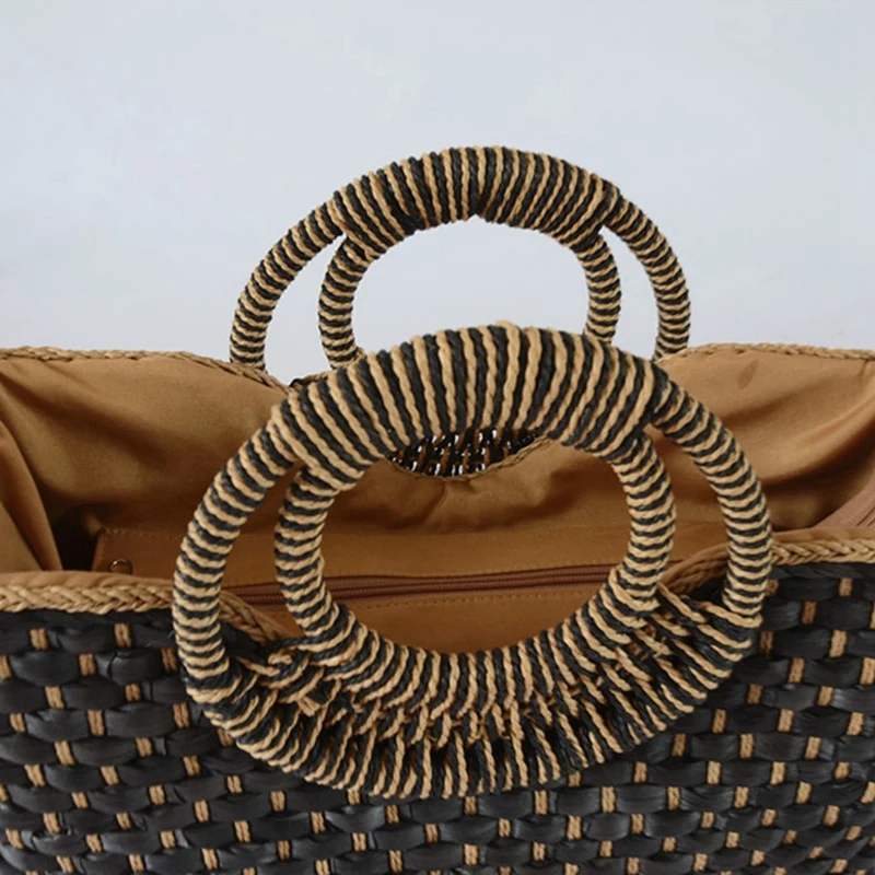 Straw Basket Shopper Bag in Black Color