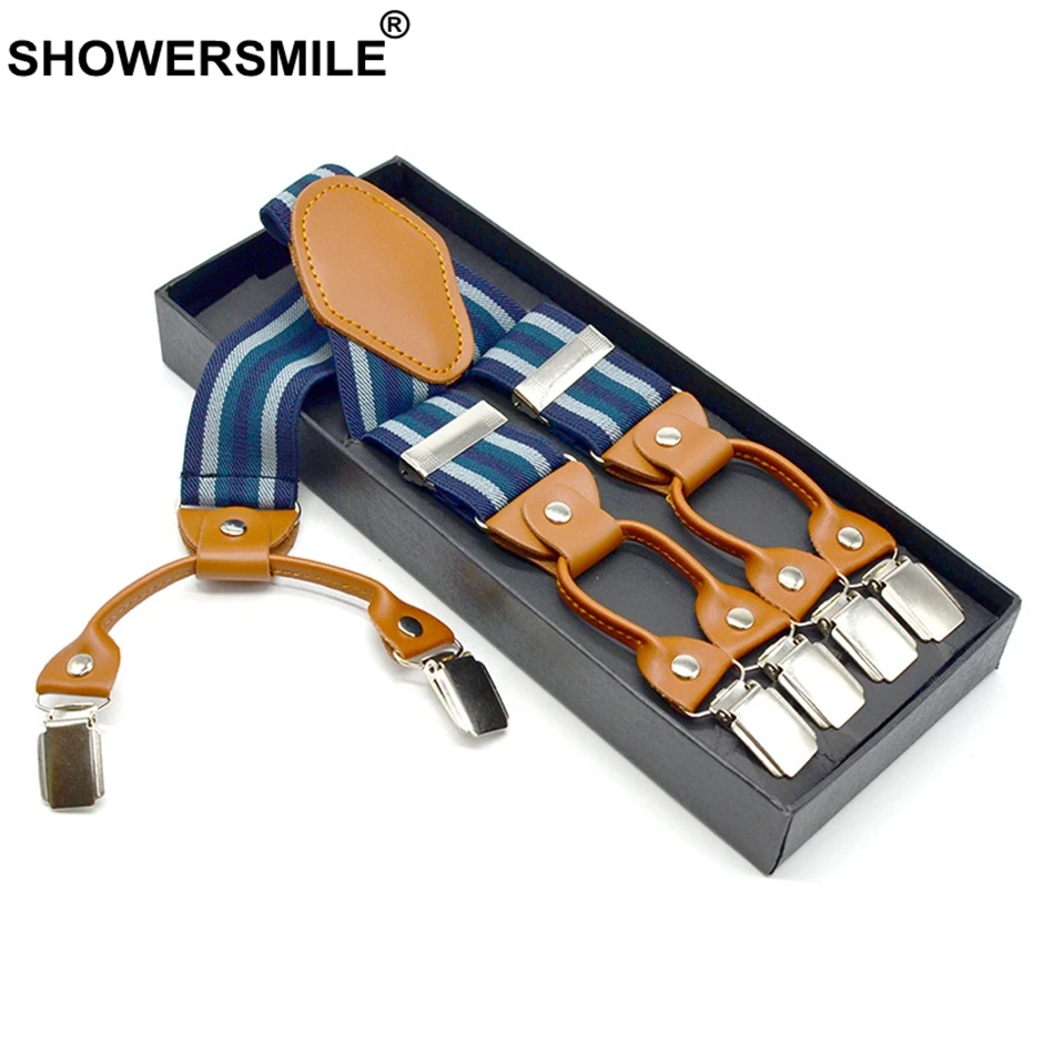 SHOWERSMILE мужские подтяжки для брюк полосатые подтяжки темно-синие 6 зажимов модные брюки на лямках Y Задняя жаккардовая подвеска для мужчин 3,5 см