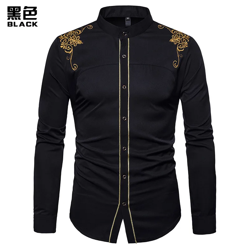 Брендовая мужская рубашка с вышивкой, рубашка с длинным рукавом, приталенная рубашка Camisa Masculina, повседневная мужская официальная рубашка с воротником-стойкой - Цвет: A01-Black Shirt Men